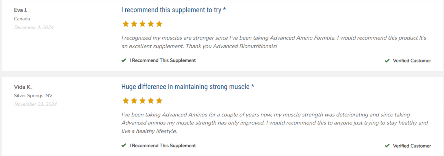 Advanced Amino Formula Customer Reviews